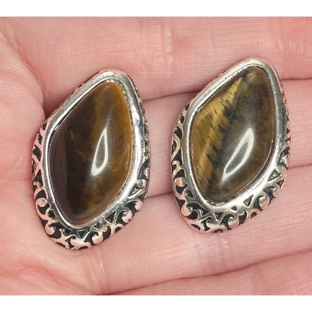 Vintage Tiger's Eye Cabochon Statement Stud Earrings Silver Tone Teardrop
